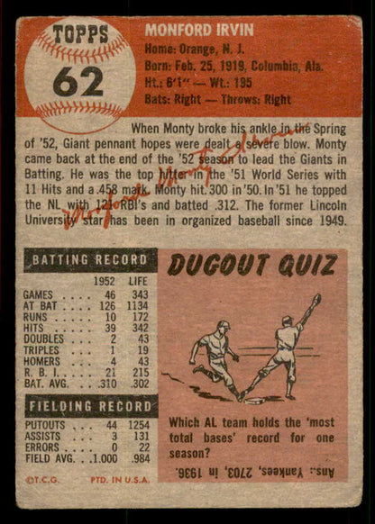 1953 Topps Baseball #062 Monte Irvin Giants FR-GD 567474