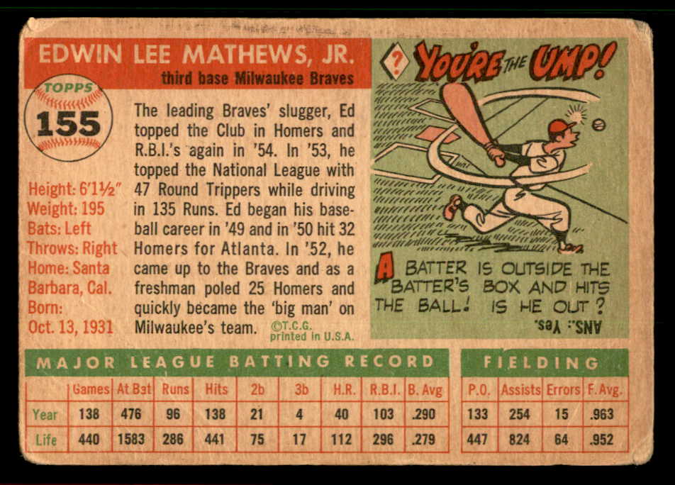 1955 Topps Baseball #155 Eddie Mathews Braves Good 567475