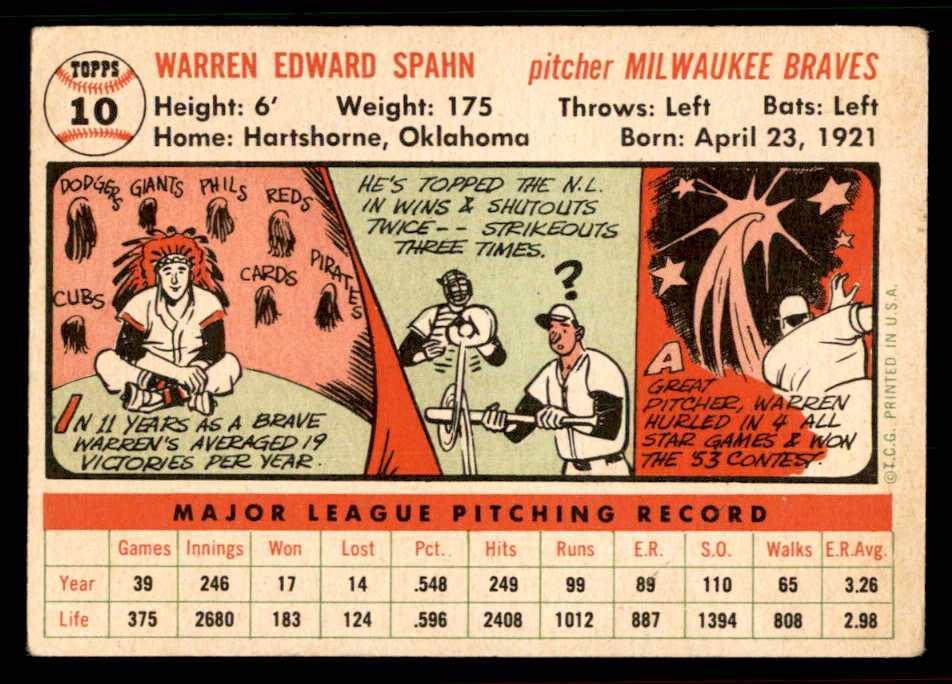 1956 Topps Baseball #010 Warren Spahn Braves VG-EX White 567477