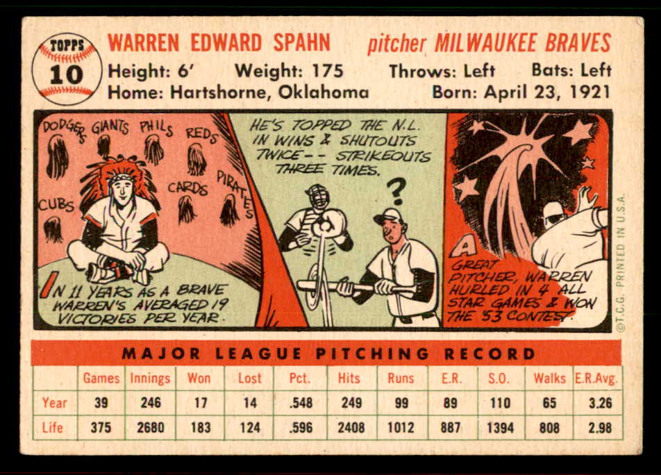 1956 Topps Baseball #010 Warren Spahn Braves EX+ White 567478