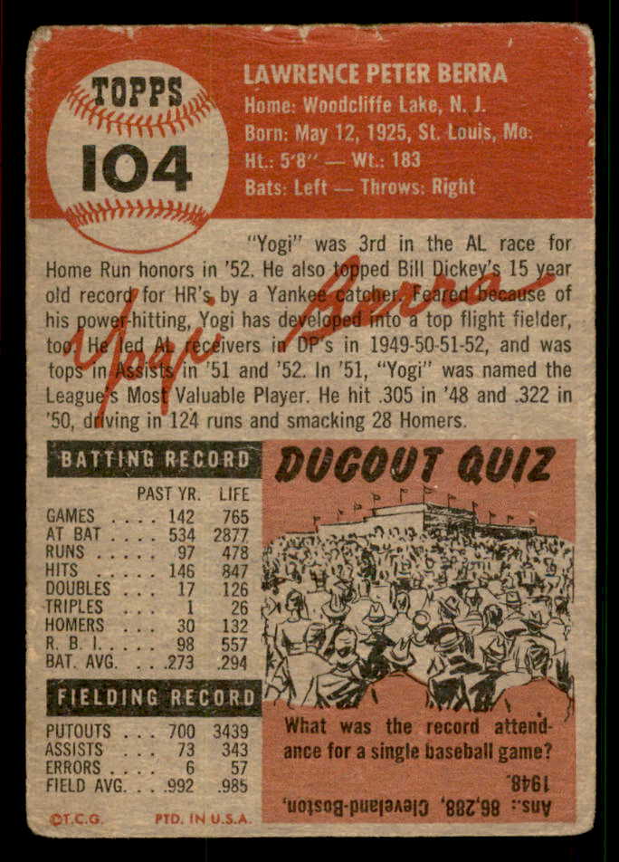 1953 Topps Baseball #104 Yogi Berra Yankees Good 567479