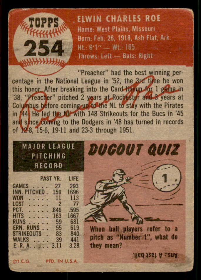 1953 Topps Baseball #254 Preacher Roe Dodgers VG 567480