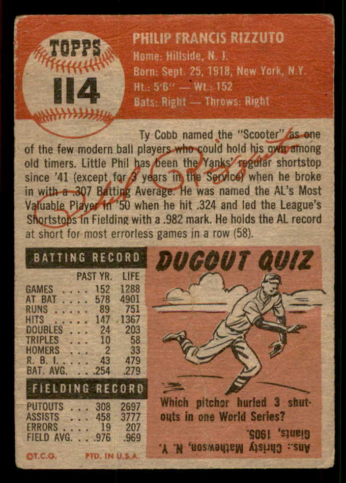 1953 Topps Baseball #114 Phil Rizzuto Yankees Poor 567481