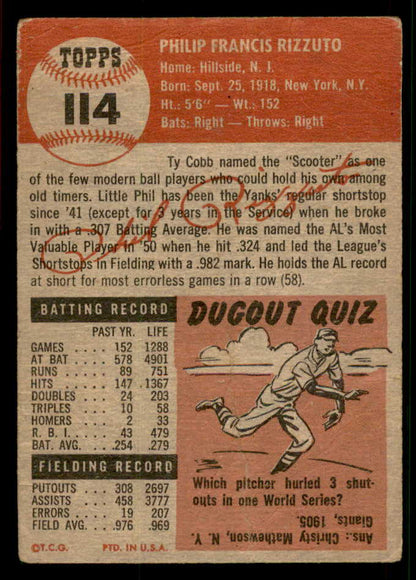 1953 Topps Baseball #114 Phil Rizzuto Yankees Poor 567481