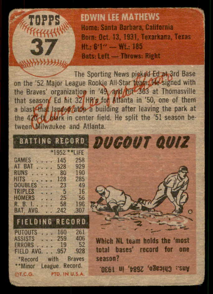 1953 Topps Baseball #037 Eddie Mathews Braves Good 567482