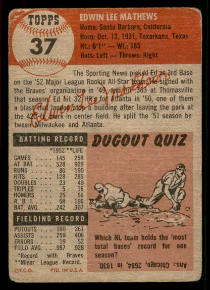 1953 Topps Baseball #037 Eddie Mathews Braves Good 567482