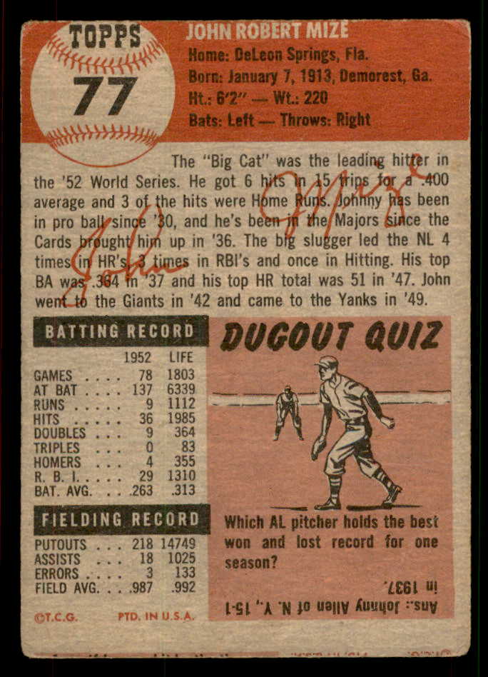 1953 Topps Baseball #077 Johnny Mize Yankees VG 567483
