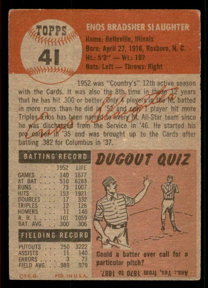 1953 Topps Baseball #041 Enos Slaughter Cardinals VG 567484