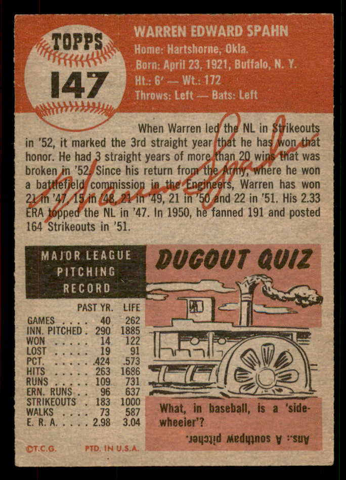 1953 Topps Baseball #147 Warren Spahn Braves VG-EX 567487