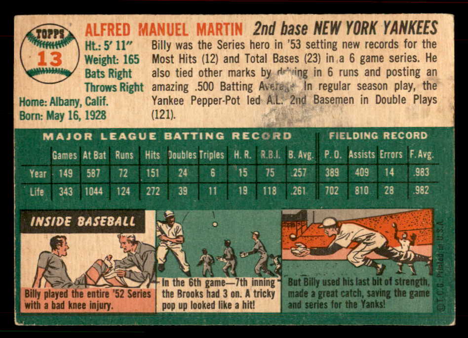 1954 Topps Baseball #013 Bill Martin Yankees EX 567492
