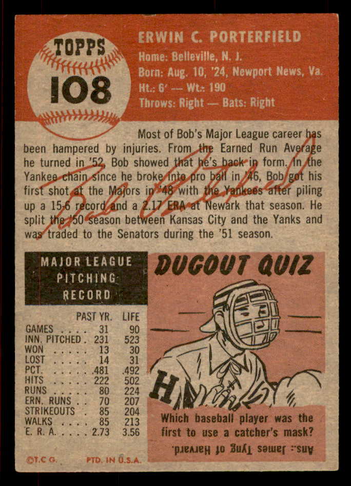 1953 Topps Baseball #108 Bob Porterfield Senators EX-MT 567493