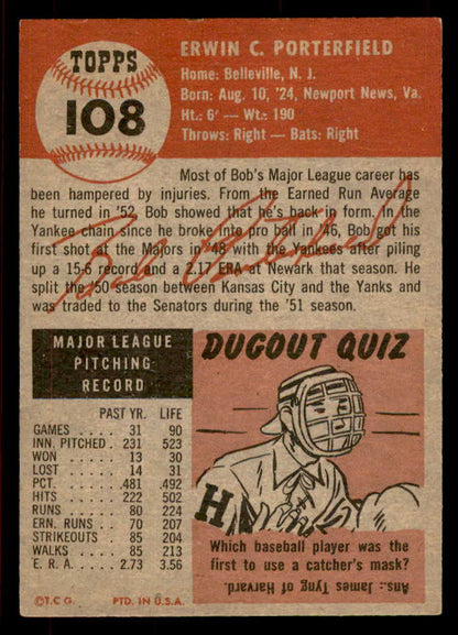 1953 Topps Baseball #108 Bob Porterfield Senators EX-MT 567493