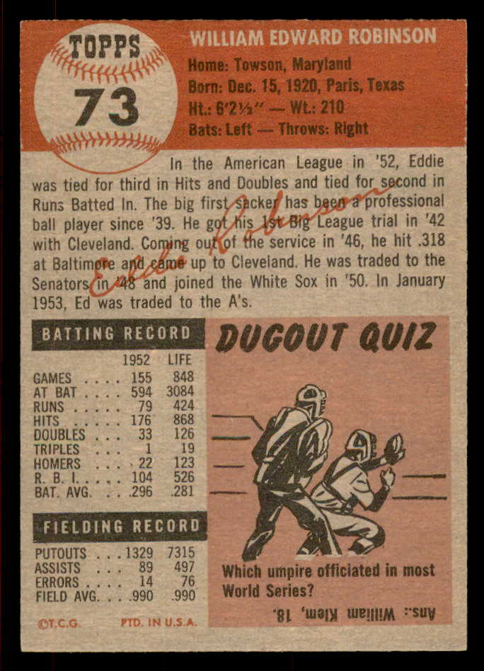 1953 Topps Baseball #073 Eddie Robinson White Sox EX-MT 567494