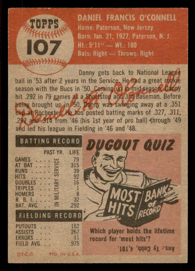1953 Topps Baseball #107 Danny O'Connell Pirates EX-MT 567495