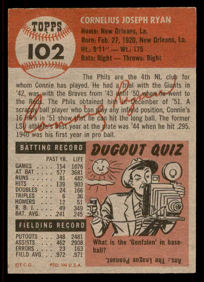 1953 Topps Baseball #102 Connie Ryan Phillies EX-MT 567496