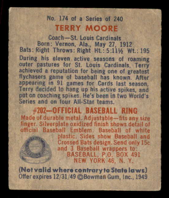 1949 Bowman Baseball #174 Terry Moore Cardinals EX 567504