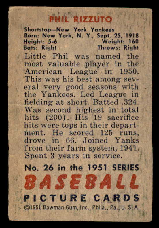 1951 Bowman Baseball #026 Phil Rizzuto Yankees VG 567505