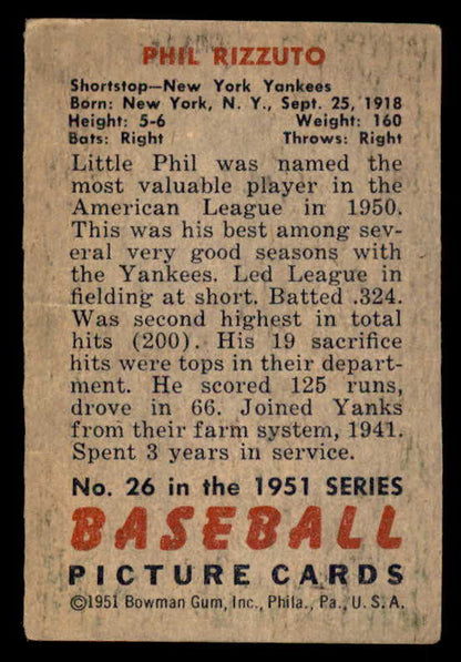 1951 Bowman Baseball #026 Phil Rizzuto Yankees VG 567505