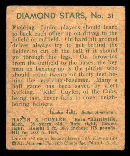 1934-36 Diamond Stars #031 Kiki Cuyler Cubs VG-EX 567509
