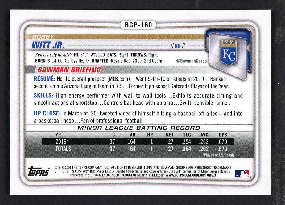 2020 Bowman Chrome #BCP160 Bobby Witt Jr Royals NR-MT Pink 567516