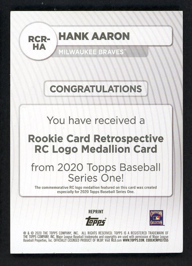 2020 Topps Rookie Medallion #RCR-HA Hank Aaron NR-MT 567517
