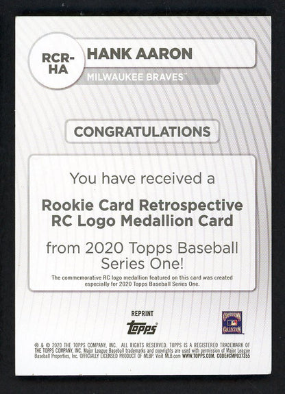 2020 Topps Rookie Medallion #RCR-HA Hank Aaron NR-MT 567517