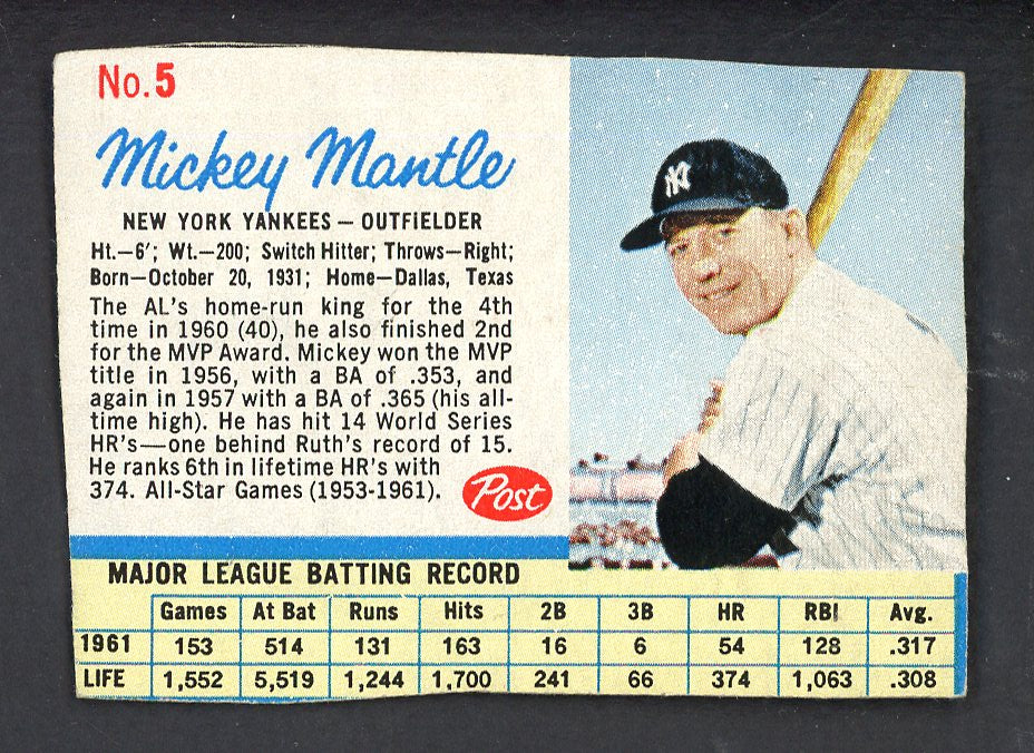1962 Post Baseball #005 Mickey Mantle Yankees VG 567584