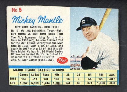 1962 Post Baseball #005 Mickey Mantle Yankees VG 567584