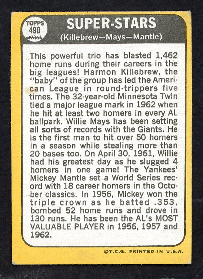 1968 Topps Baseball #490 Mickey Mantle Willie Mays EX-MT 567585