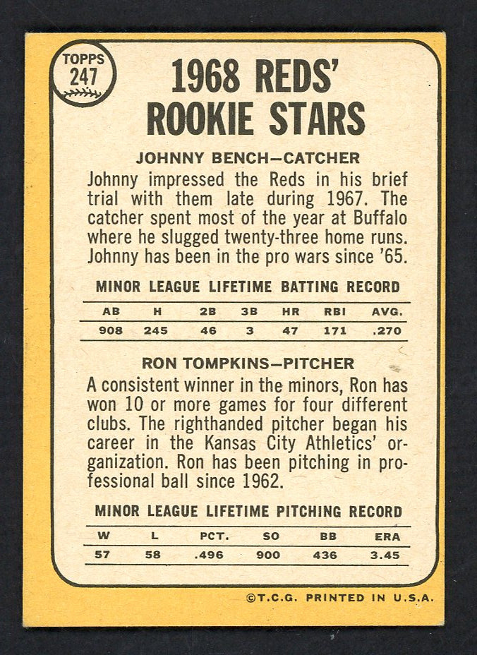 1968 Topps Baseball #247 Johnny Bench Reds NR-MT 567588