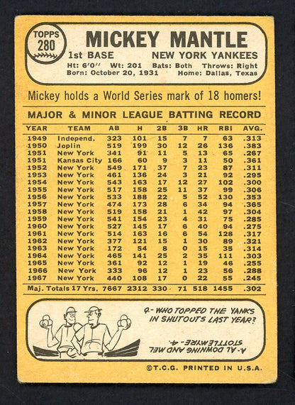 1968 Topps Baseball #280 Mickey Mantle Yankees VG/VG-EX 567591