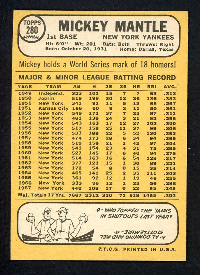 1968 Topps Baseball #280 Mickey Mantle Yankees EX-MT/NR-MT 567592
