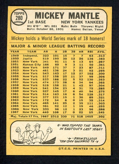 1968 Topps Baseball #280 Mickey Mantle Yankees EX-MT/NR-MT 567592