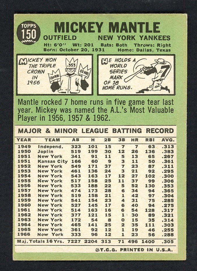 1967 Topps Baseball #150 Mickey Mantle Yankees EX 567594