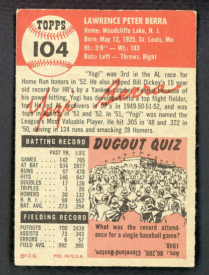 1953 Topps Baseball #104 Yogi Berra Yankees VG-EX 567599