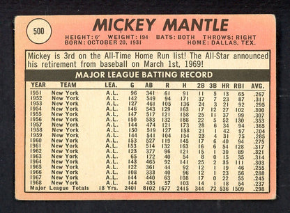 1969 Topps Baseball #500 Mickey Mantle Yankees VG 567601