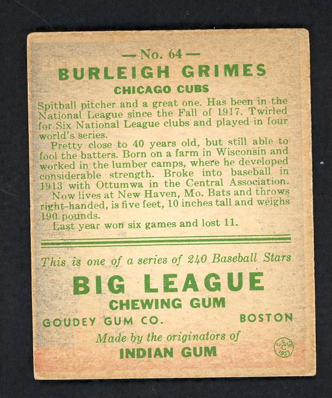 1933 Goudey #064 Burleigh Grimes Cubs GD (Trimmed) 567674