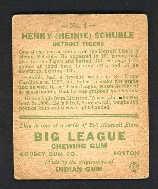 1933 Goudey #004 Henry (Heinie) Schuble Tigers VG-EX  567683