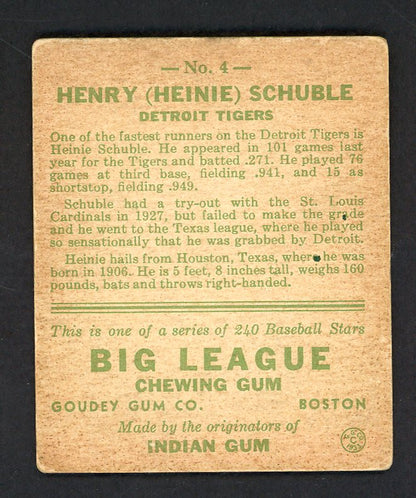 1933 Goudey #004 Henry (Heinie) Schuble Tigers VG-EX  567683