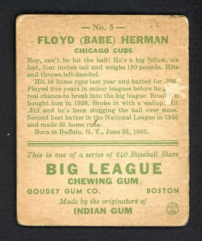 1933 Goudey #005 Floyd (Babe) Herman Cubs GD (Creases) 567684