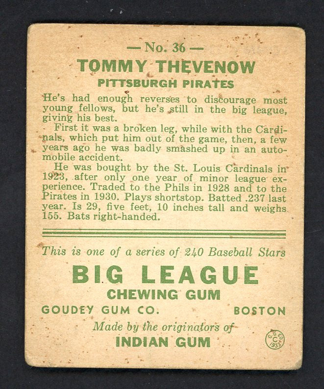1933 Goudey #036 Tommy Thevenow Pirates VG 567689