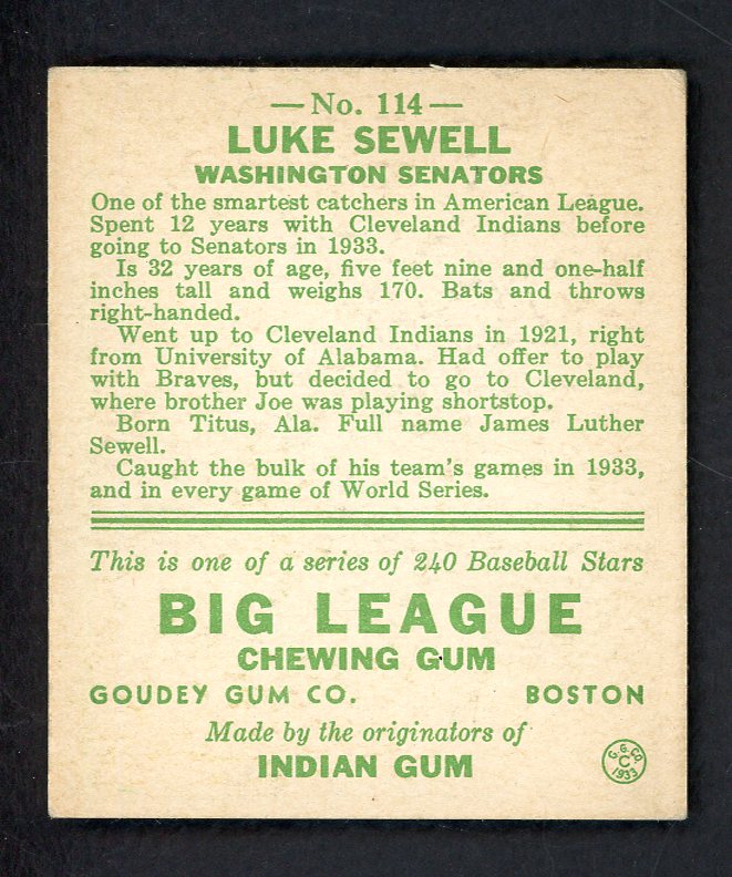 1933 Goudey #114 Luke Sewell Senators EX+ 567691
