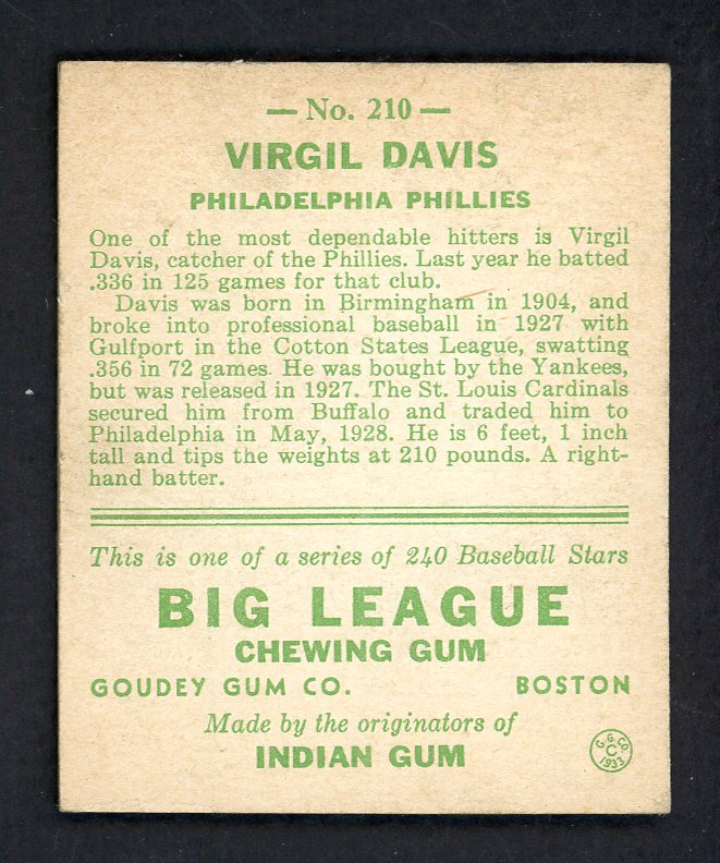 1933 Goudey #210 Virgil Davis Phillies EX+ 567693