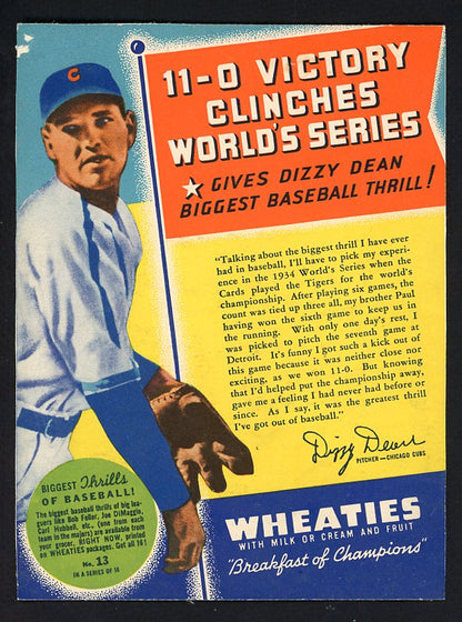 1938 Wheaties Series 10 Dizzy Dean Cubs Authentic 567718