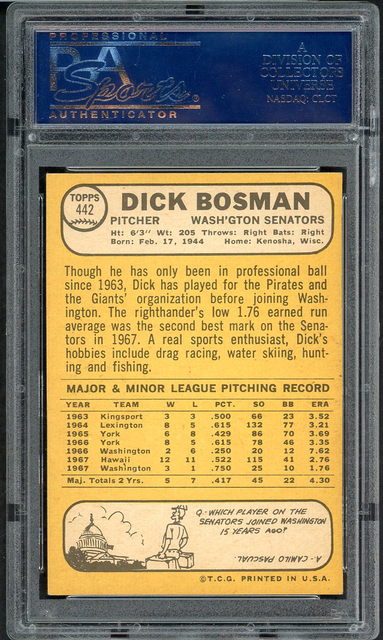 1968 Topps Baseball #442 Dick Bosman Senators PSA 6 EX-MT 567732