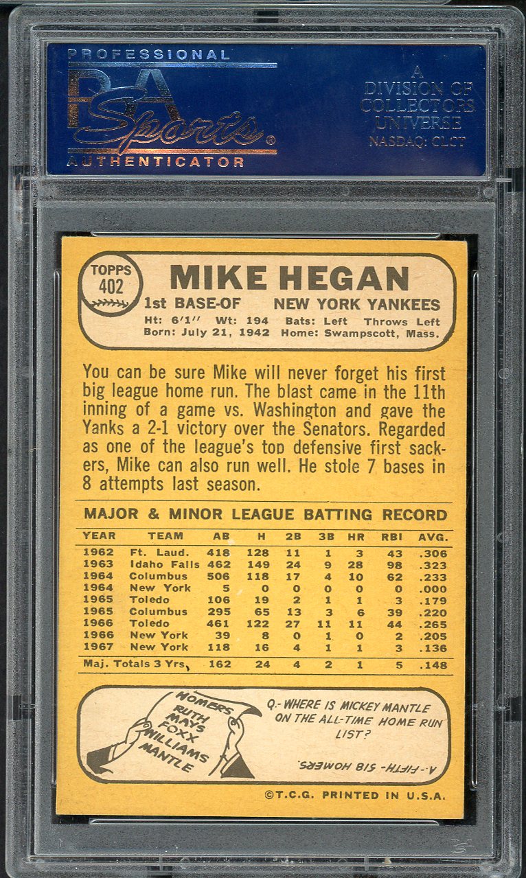 1968 Topps Baseball #402 Mike Hegan Yankees PSA 5 EX 567747