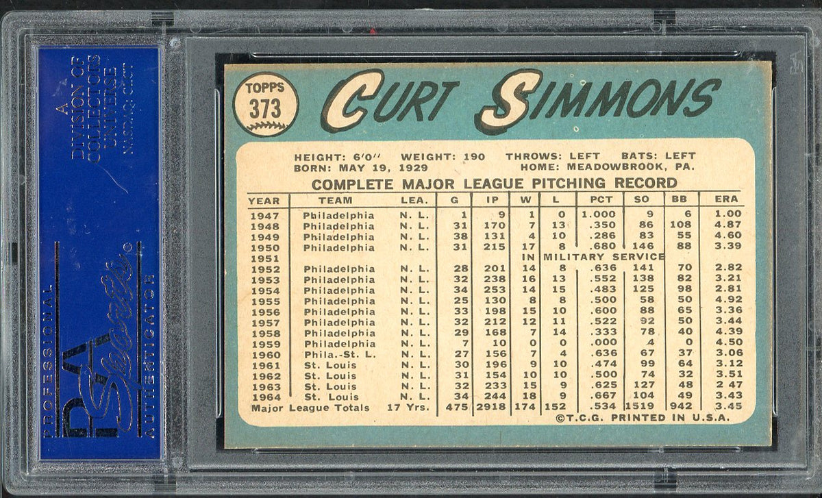 1965 Topps Baseball #373 Curt Simmons Cardinals PSA 8 NM/MT 567786