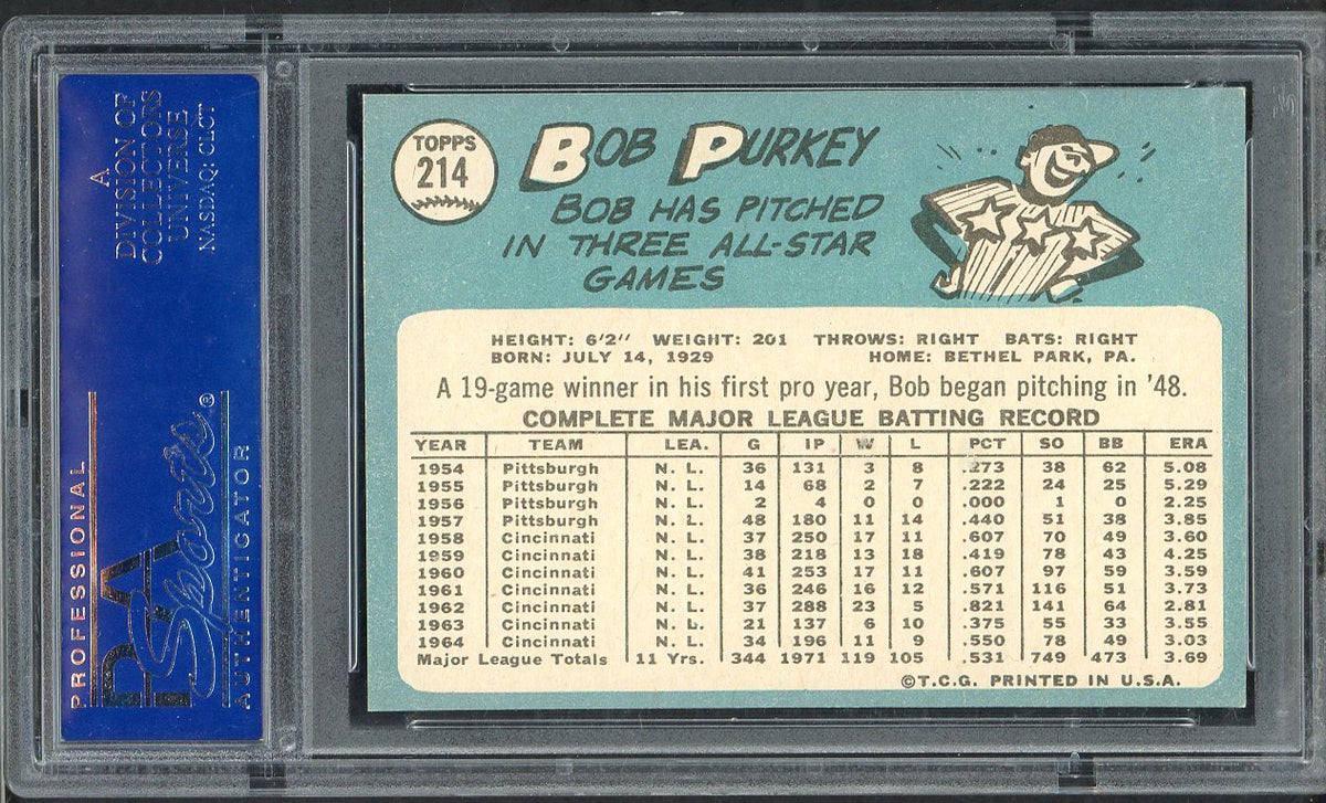 1965 Topps Baseball #214 Bob Purkey Cardinals PSA 8 NM/MT 567794