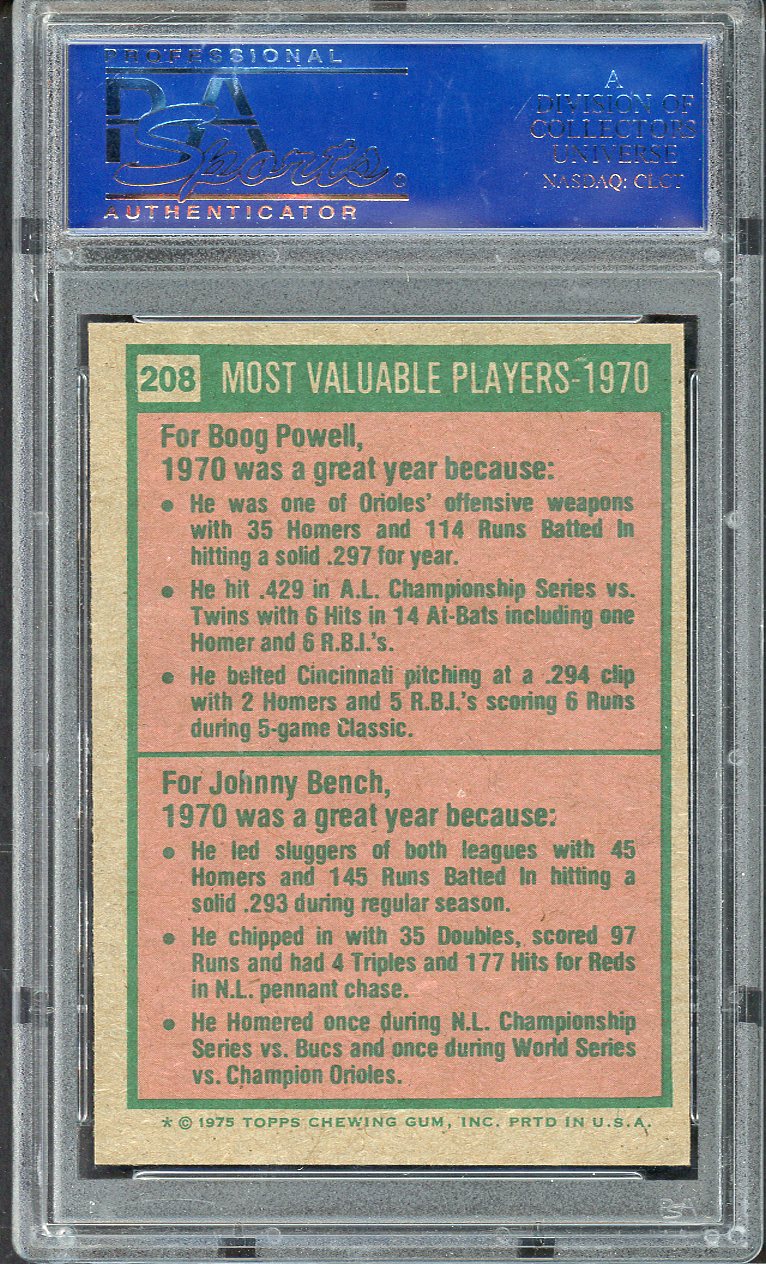 1975 Topps Baseball #208 Johnny Bench Boog Powell PSA 8 NM/MT 567837