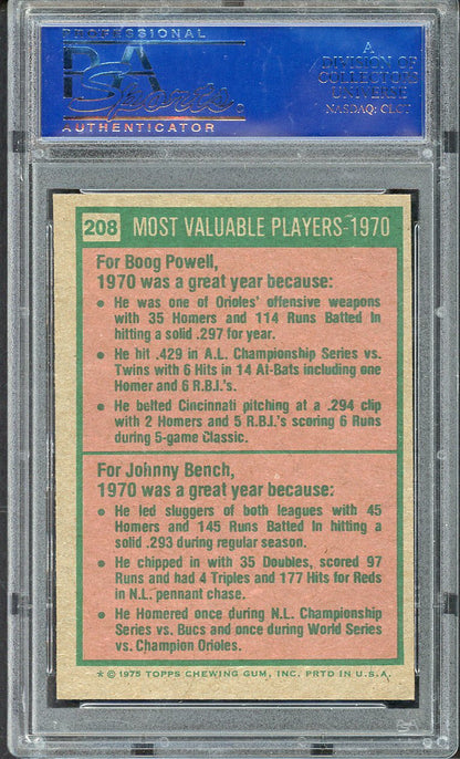 1975 Topps Baseball #208 Johnny Bench Boog Powell PSA 8 NM/MT 567837